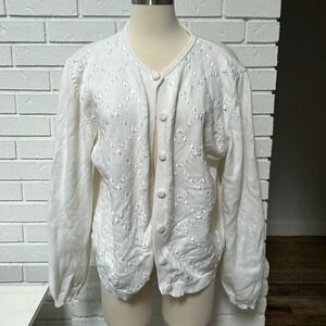 Vintage SUSAN BRISTOL Cardigan Sweater Ribbon Embellished white Medium